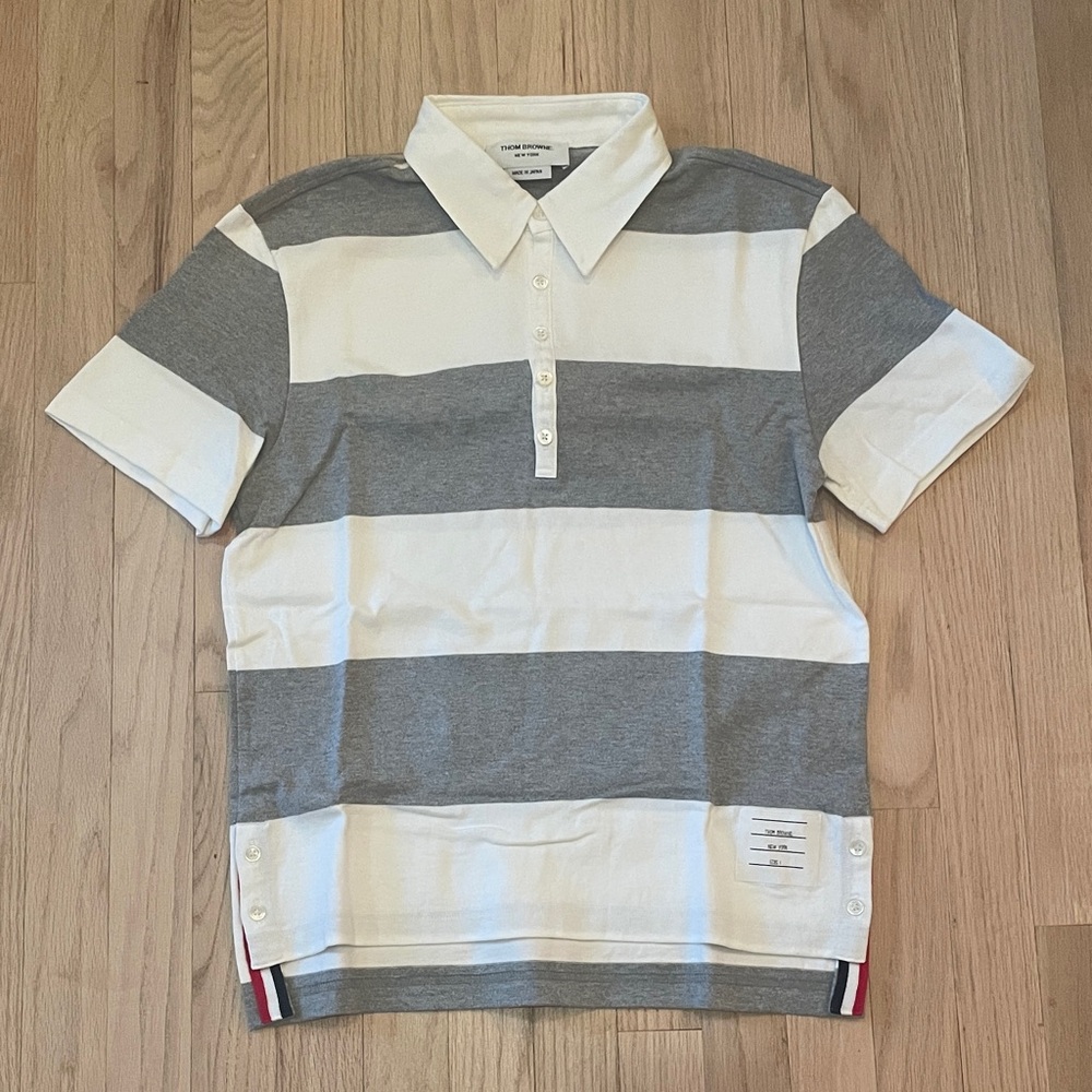 Thom Browne Men’s Striped Polo Shirt in Gray and White - Size 1 (Small)